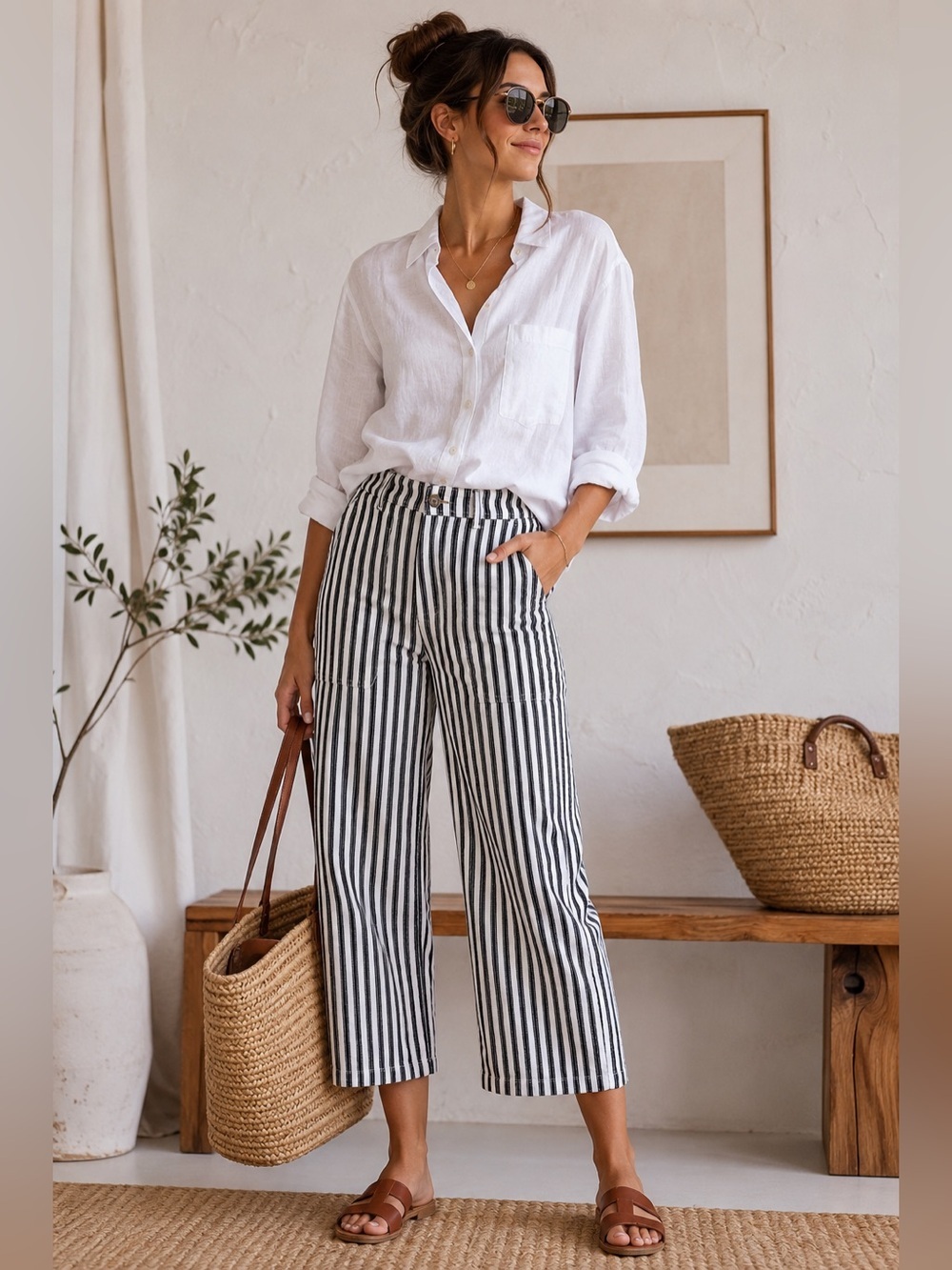 Who What Wear Railroad Stripe Cropped Wide Leg Utility Pants 100% Cotton Size 2